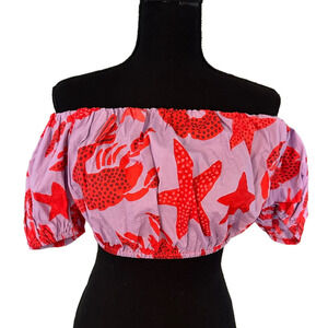 NWT FARM RIO PURPLE AND RED OFF THE SHOULDER CROP TOP
